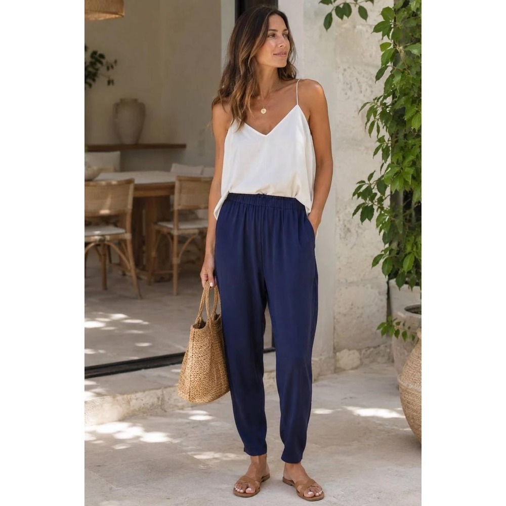 EILEEN FISHER 100% Silk Tapered Jogger Pant Women Navy Blue Petite Large PL R4GC